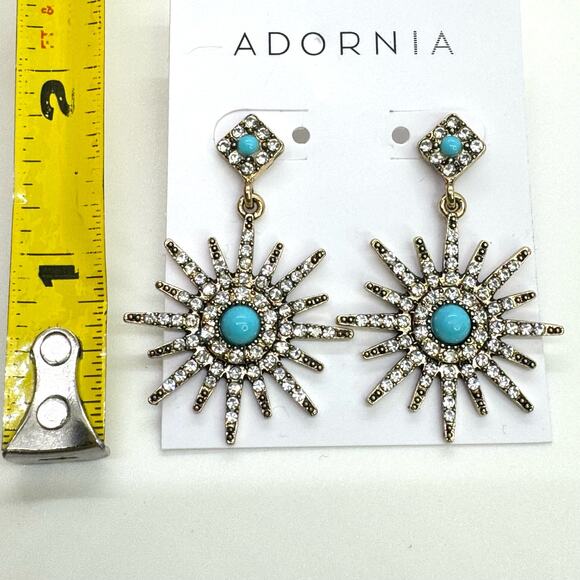 NEW Adornia Turquoise Swarovski Crystals Starburst Earrings 14K Gold Plated - Picture 3 of 5
